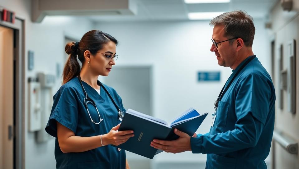 A coordinator and trainer reviewing a clinical trial protocol binder