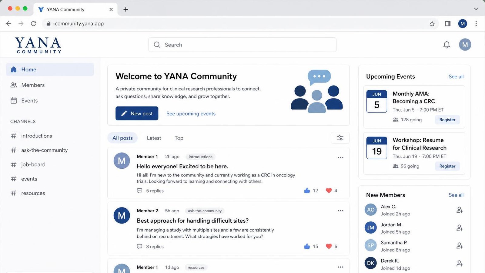 YANA Community home feed showing discussions, events, and member spotlights