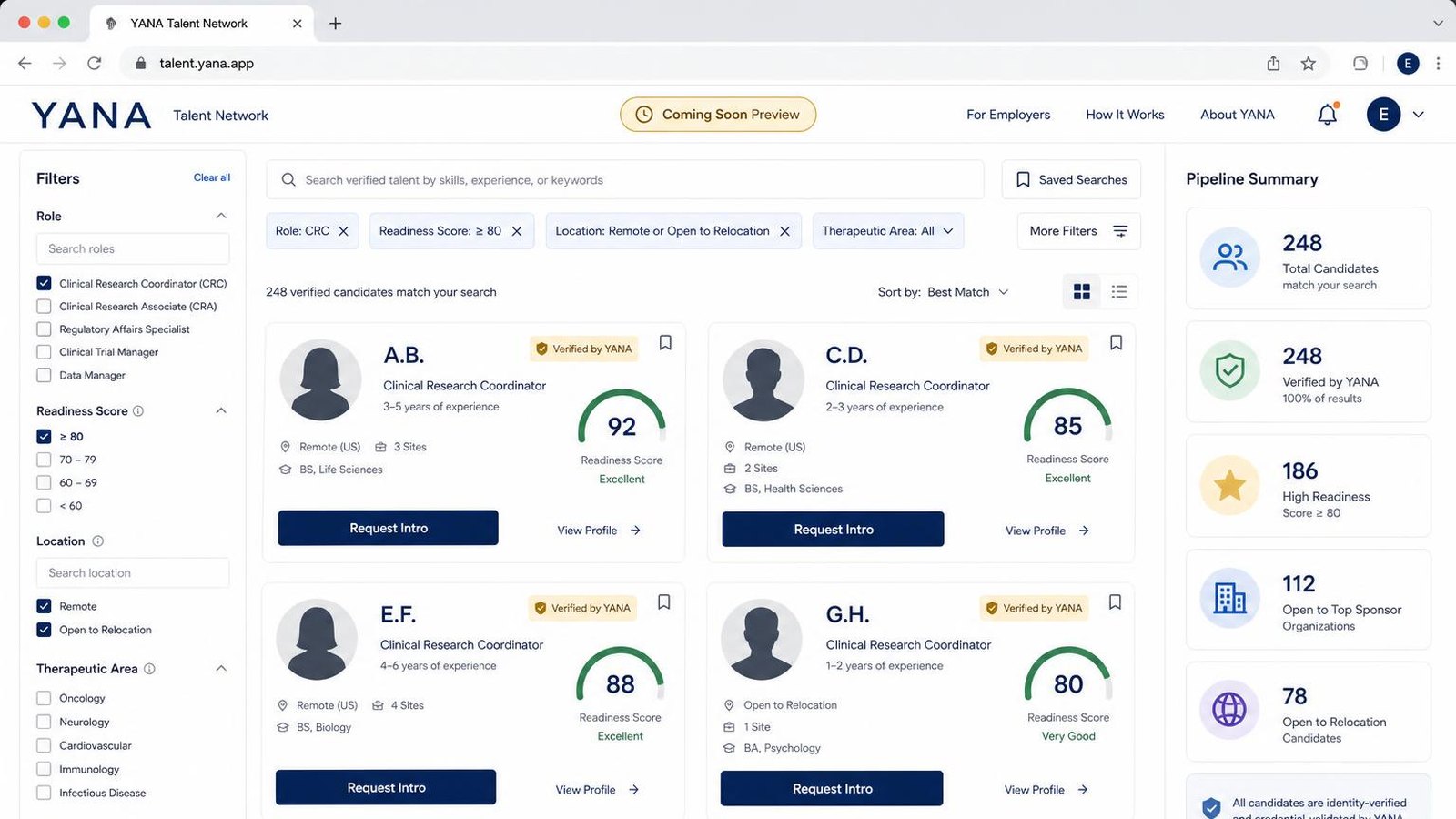 YANA Talent Network preview showing candidate profile and employer discovery layout