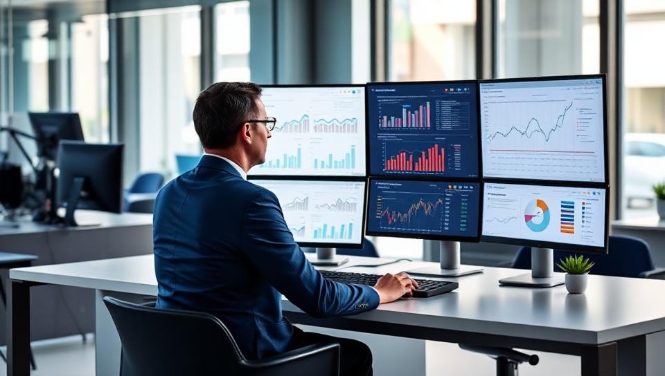 Workforce analyst reviewing staffing dashboards on multiple monitors